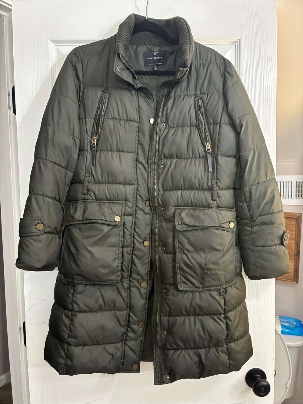 Lucky Brand Olive Green Quilted Long Puffer Coat